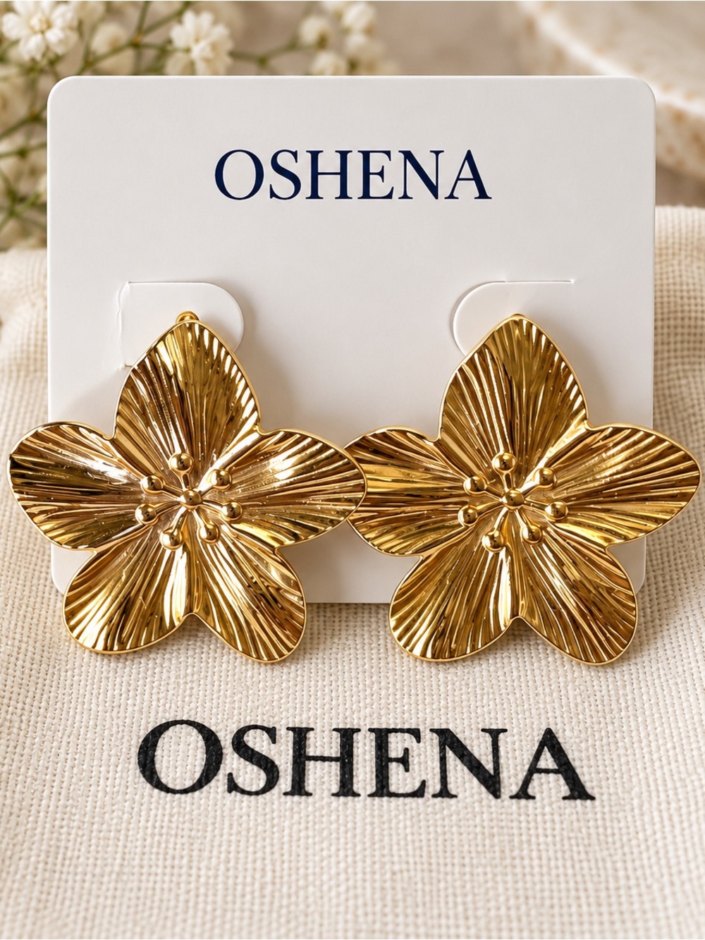 OSHENA Golden Hibiscus Gold Flower Statement Earrings NWT